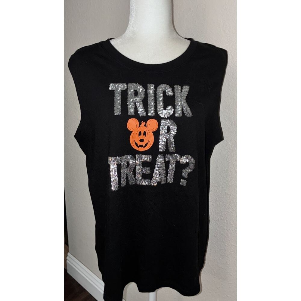 Disney Parks Black Sleeveless Halloween XL T-Shirt Sequins Trick or Treat Mickey